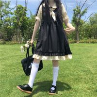 夏季日系学院风蝴蝶结娃娃领假两件拼接高腰显瘦荷叶边女生连衣裙 图片色 S (关注店铺送小礼品)