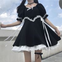 大码女装法式方领蝴蝶结绑带设计感黑色泡泡袖短袖连衣裙子女夏季 黑色 L 建议105--120斤
