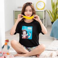 短袖睡衣女夏季春秋款宽松七分裤可爱女士大码学生家居服睡衣套装 [DX-白雪公主黑 优质款] M [ 体重70-95斤]
