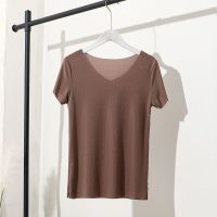 冰丝睡衣女夏季两件套装春秋外穿V领短袖T恤薄款家居服宽松阔腿裤 卡其色 冰岛丝上衣 M (80-100斤推荐)