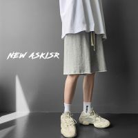 牛仔短裤男宽松夏季薄款印花裤子潮流阔腿百搭港风卡通五分裤潮牌 dk01灰色 松紧腰 M