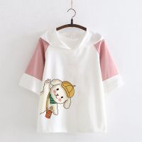 棉女童中大童日系森女夏装卡通连帽短袖T恤学生少女软萌妹上衣t 粉红色 16#可爱背包狗狗 140
