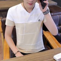 2021夏季男士短袖T恤青少年半袖体恤夏天打底衫t恤大码男装小汗衫 线条卡其 M 85-105斤