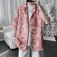 短袖衬衫男韩版潮流百搭宽松夏季满印衬衣外套ins港风痞帅上衣服 粉色满印小熊[高质量] 3XL (关注店铺优先发货)