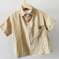 男童衬衫长袖2021新款春秋男宝宝帅气衬衣儿童棉麻格子开衫上衣 黄色(短袖 90