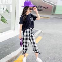 女童夏装套装2021新款中大童儿童夏季童装女孩洋气潮衣休闲两件套 黑色上衣+裤子 套装 110码建议身高100-110厘