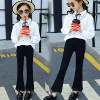 女童加绒裤子外穿秋冬新款弹力喇叭裤女显瘦中大童休闲黑色长裤潮 流苏素板单裤 100 建议身高90-100厘米