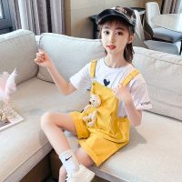 女童夏连衣裤背带裤套装2021新款夏装儿童韩版潮衣牛仔吊带裤短裤 黄色背带裤 110 [建议身高105左右]