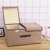 双盖双格衣服化妆品收纳箱可折叠桌面杂物储物箱内衣内裤袜收纳盒 棉麻纯色-卡其色 小号双盖36*25*16cm