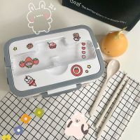 [当日发货]DIY卡通小麦秸秆便当盒学生ins少女午餐盒可爱保温上班族分格饭盒 灰常白 三格1000ml送DIY贴纸 +