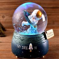 自动飘雪创意儿童水晶球音乐盒八音盒生日礼物闺蜜送女生女孩公主 宇航员蓝色 中号闪灯音乐雪花(礼品包装)
