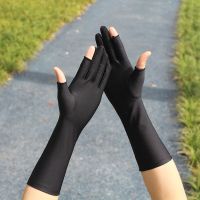 防晒钓鱼弹力手套男女光滑透气冰丝速干黑白绘画舞蹈礼仪开车春夏 30cm 黑色露2指 1双