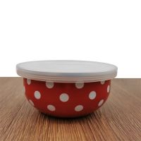老式珐琅搪瓷碗带盖密封碗怀旧冰碗吃饭碗冰箱保鲜碗儿童汤碗面碗 红白圆点 10cm带保鲜盖