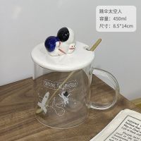 ins风史努比透明水杯玻璃杯女大容量学生马克杯带盖勺杯子家用 跳伞太空人(带杯勺)