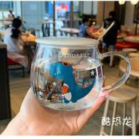 玻璃水杯透明茶杯子女学生韩版可爱带盖勺耐高温ins家用马克杯男 大肚恐龙(480ml+盖+银勺)