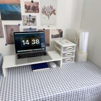 ins风格子桌布学生宿舍桌布野餐布拍照背景布绒布小清新格子台布 雾霾蓝色(送固定贴) 长70CM*宽70CM床头柜学习桌