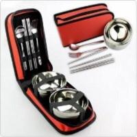 户外餐具碗不锈钢装备用品便携捷野营双人野餐包旅游旅行餐具套装 单人大红色送叉子