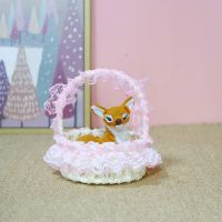 仿真猫咪会叫小猫玩偶公仔花边提篮儿童毛绒玩具小兔子礼物女生 [粉色花边提篮]小卧鹿