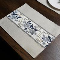 双层中式织带棉麻餐垫防烫隔热垫布艺餐垫杯垫餐桌垫盘垫茶垫碗垫 1#白色 浅蓝织带 30*40cm(1个装)