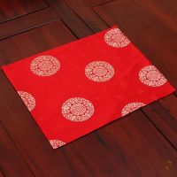 新中式田园织锦缎双层碗垫餐垫餐布桌垫西餐垫布艺杯垫隔热垫盘垫 红圈 30*40cm