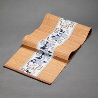 竹茶席茶具垫茶帘茶巾隔热垫禅意桌旗茶旗茶道配件复古风竹制茶帘 浅蓝色茶席 30*40厘米