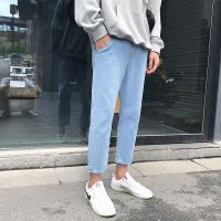 秋冬季涂鸦牛仔裤男直筒宽松阔腿裤ins潮牌九分休闲潮流长裤子男 000松紧腰[红色] S