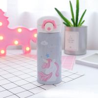 简约保温杯女便携随手杯卡通可爱学生水杯ins风创意儿童喝水杯子 独角兽-灰色 350ML送杯刷