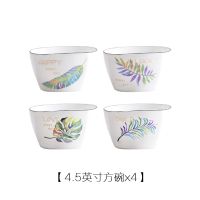 ins盘碗餐具套装 家用盘子菜盘创意西餐牛排盘吃饭碗简约北欧风格 植物A系列 4.5英寸方碗4个装