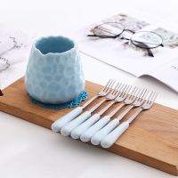 创意陶瓷不锈钢水果叉子套装勺子套装可爱水果签叉点心叉甜品叉勺 蓝罐子+6叉子