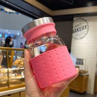 简约便携水杯商务玻璃杯子家用带过滤茶杯耐热男女士办公室高档杯 玫红色350ml 杯子