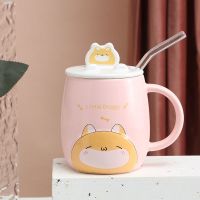 可爱情侣水杯陶瓷杯子带盖带勺子咖啡杯创意马克杯礼物高颜值水杯 小狗(吸管杯刷杯垫)