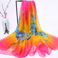 新款百搭雪纺丝巾女纱巾围巾沙滩巾女秋披肩围巾 百合花-玫红黄 小尺寸(50*160)