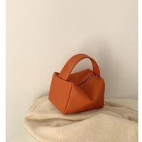 韩国小众设计新款荔枝纹橘色手拎豆腐包百搭方形链条包潮斜跨小包 橘色无链条