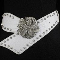 漆皮优雅女士松紧时尚百搭水钻装饰宽腰带女式皮带花扣钻带 白色