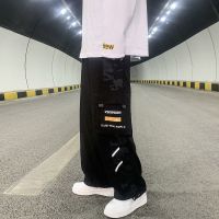 松紧裤腰抽绳束脚工装裤男春秋季宽松百搭休闲裤潮牌裤子韩版潮流 黑色 S