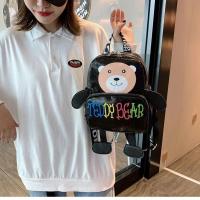 新款可爱迷你小熊双肩背包少女包爆裂特材印花动画双肩背单肩背包 黑色