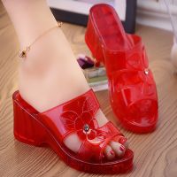 透明高跟水晶拖鞋女夏果冻透明塑料凉拖鞋坡跟浴室厚底室外半拖鞋 168妈妈鞋红色[偏小2码] 36码