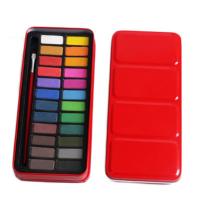12色固体水彩水粉 写生绘画铁盒固体粉饼学生初学者手绘颜料套装 24色红铁盒