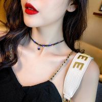 韩国黑色性感锁骨链简约短款星星吊坠项链choker项圈颈带颈链女 金色小星星蕾丝项链