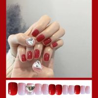 24片成品穿戴美甲盒装假指甲批发闪耀宝石满钻新娘美甲脚贴片日系 爱心 24甲片2克胶➕解胶剂➕果冻贴