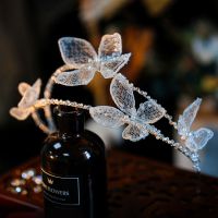 新款韩式网纱蝴蝶造型双层珍珠发箍新娘婚纱甜美皇冠跟妆头饰超仙 水晶蝴蝶双排发箍 简装