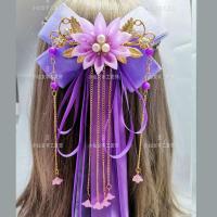 女童汉服头饰发夹唐装仙小女孩中国风发饰飘带头花套装古装发卡 古风紫 鸭嘴夹