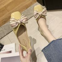 潮牌平底单鞋女2021新款夏季方头百搭蝴蝶结平跟软底镂空透气瓢鞋 黄色 35