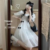 温柔风白色连衣裙女2021夏新款法式甜美蝴蝶结泡泡袖裙子仙女裙 白色 S 80-95斤