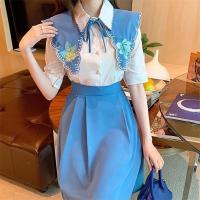 秋装套装2021新款 时尚减龄蝴蝶结显瘦百搭 衬衫上衣女 半身裙 蓝色 M 建议腰围70左右