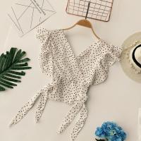 [48小时发货]雪纺上衣女韩版甜美波点V领飞飞袖法式浪漫小衫系带短款上衣8839 白色 均码