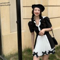 2021夏季新款套装女泡泡短袖不规则衬衫+百褶蝴蝶结半身裙两件套 裙子 S