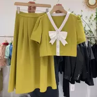 大码女装200斤胖妹妹夏季套装女时尚蝴蝶结衬衫+遮肚半身裙两件套 黄色单件半身裙 M