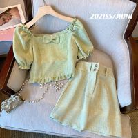 大码女装夏季套装女2021新款蝴蝶结泡泡袖上衣显瘦减龄短裙两件套 半身裙 M [建议80-100斤]