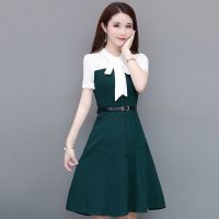 2021夏季新款韩版气质修身显瘦小清新法国小众蝴蝶结雪纺连衣裙女 222#绿色[送原版皮带] 2XL [建议130-14